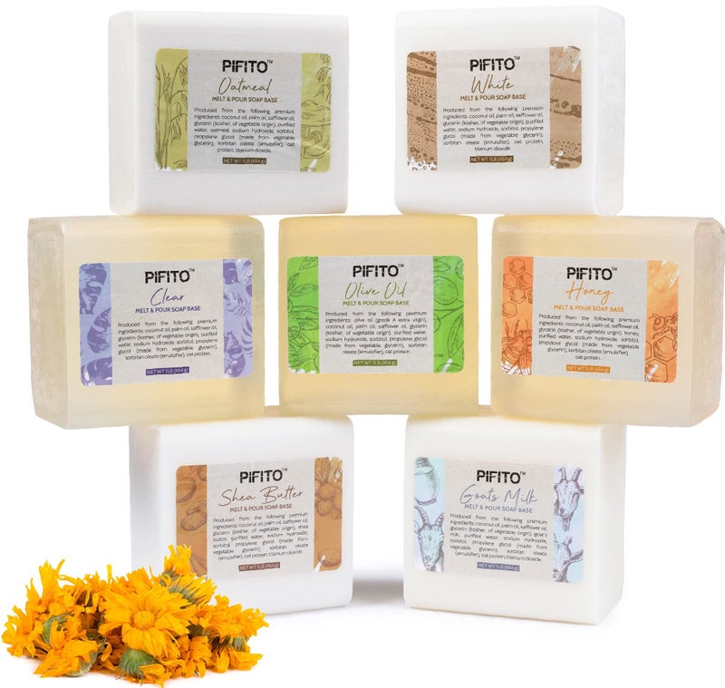 Pifito Melt and Pour Soap Base Sampler (7 lbs) â”‚ Assortment of 7 Bases (1lb ea) â”‚ Clear, White, Goats Milk, Shea Butter, Oatmeal, Honey, Olive Oil â”‚ Glycerin Soap Making Supplies - Image 1